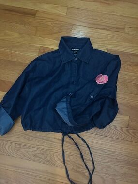 Cropped Navy Button-Up Shirt with Drawstring THIS GIRL CAN patch